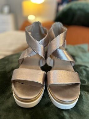 Metallic Gold Platform Sandals - Women's Strappy Wedge